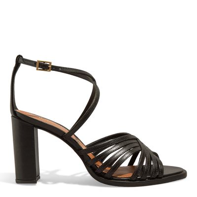 Sandália Tiras Couro Salto Grosso Preta