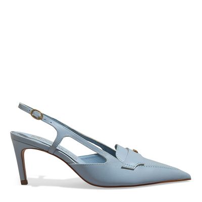 Scarpin Couro Azul Bico Fino Recortes Monograma
