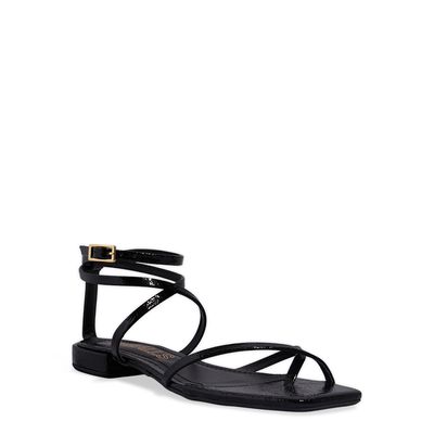 Rasteira Verniz Preta Bico Quadrado