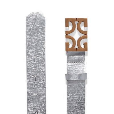 Cinto Monograma Couro Crystal Metalizado Prata