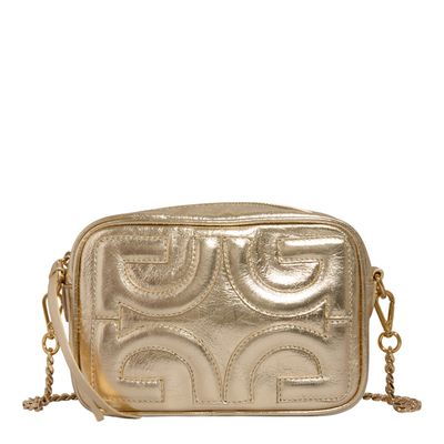 Bolsa Pequena Couro Crystal Metalizada Dourada Alça Transversal