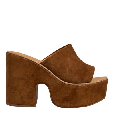 Tamanco Mule Meia Pata Camurça Caramelo Salto Grosso