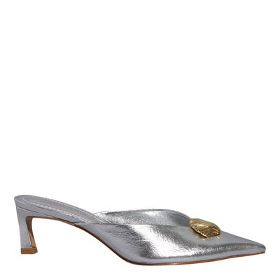 Mule Napa Metalizado Prata Bico Fino Salto Baixo