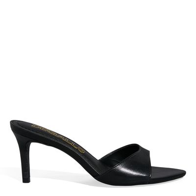 Mule Couro Vegetal Preto Bico Fino Salto Alto