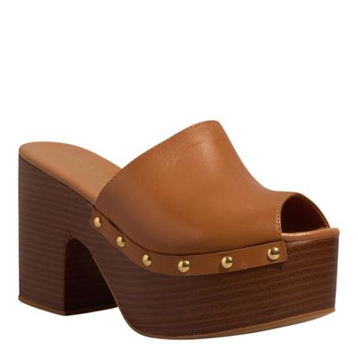 Mule Tamanco Meia Pata Couro Vegetal Caramelo Salto Grosso