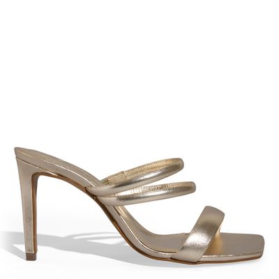 Mule Couro Crystal Metalizado Dourada Salto Alto Fino