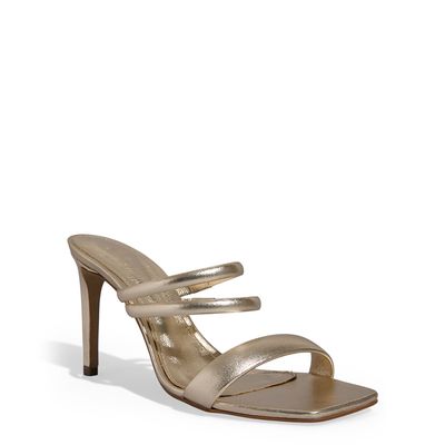Mule Couro Crystal Metalizado Dourada Salto Alto Fino