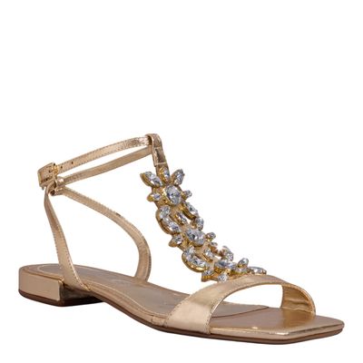 Rasteira Couro Crystal Metalizada Dourada Bico Quadrado