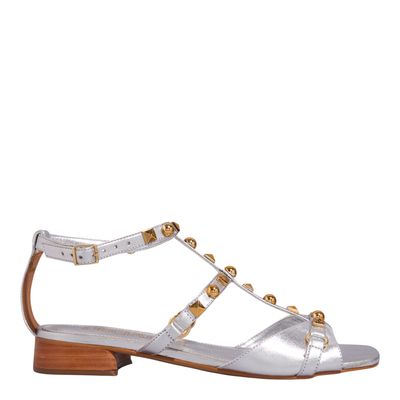 Rasteira Couro Crystal Metalizada Prata Tachas