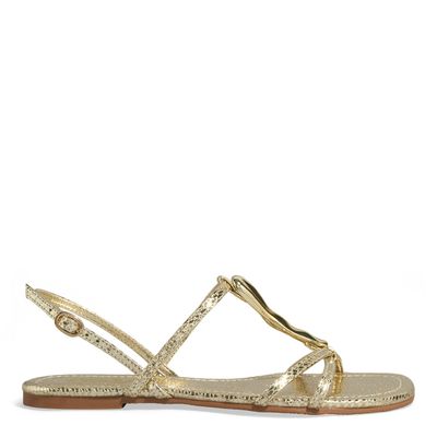 Rasteira Couro Cristal Metalizada Dourada Bico Quadrado