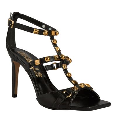 Sandália Couro Vegetal Preta Bico Quadrado Salto Alto Fino