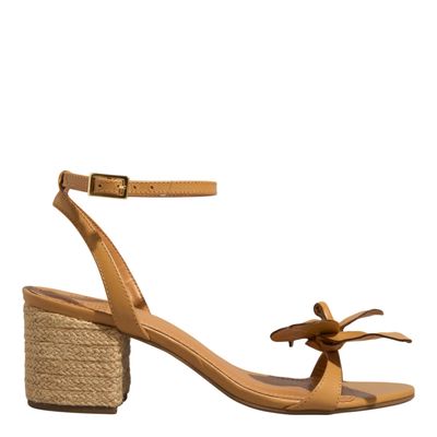 Sandalia Flor Couro Vegetal Caramelo Salto Bloco