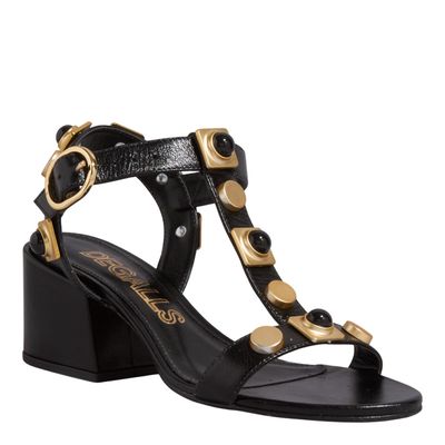 Sandália Couro Vegetal Tachas Preta Salto Bloco