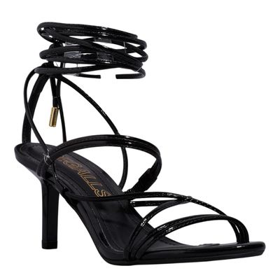 Sandália Amarração Reflexo Preta Salto Fino