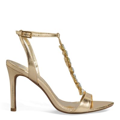 Sandalia Pedraria Couro Crystal Dourada Bico Folha Salto Alto