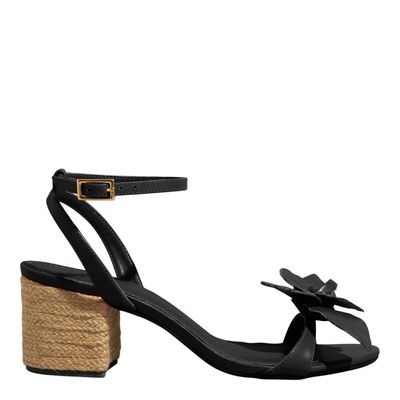 Sandalia Flor Couro Vegetal Preta Salto Bloco
