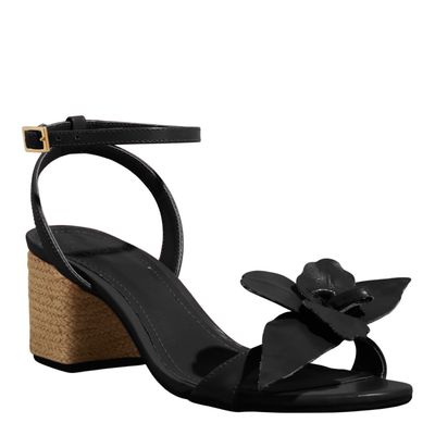 Sandalia Flor Couro Vegetal Preta Salto Bloco
