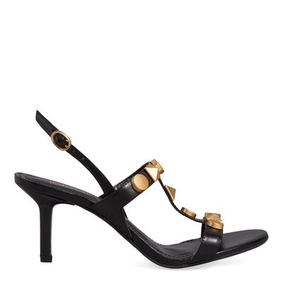 Sandália Tachas Couro Vegetal Preta Salto Alto Fino