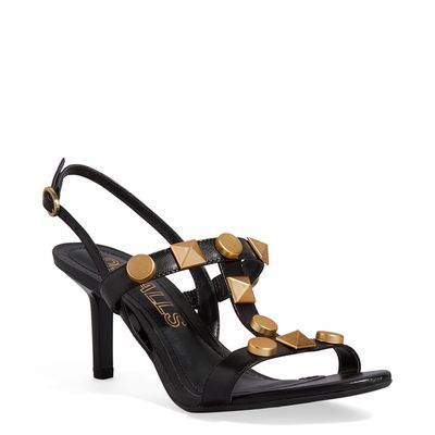 Sandália Tachas Couro Vegetal Preta Salto Alto Fino