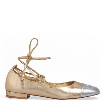 Sapatilha Amarração Napa Serena Dourada Bico Quadrado Prata