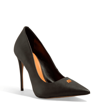 Scarpin Couro Pelica Preto Bico Fino Salto Alto