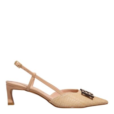 Scarpin Slingback Ráfia Bege Monograma Bico Fino Salto Baixo