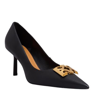 Scarpin Couro Pelica Preto Monograma Bico Fino