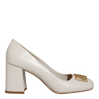 Scarpin Monograma Couro Vegetal Off White Salto Grosso