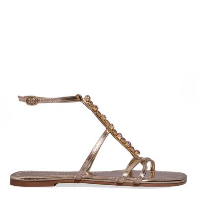 Rasteira Pedraria Brilho Reflexo Metalizado Dourado