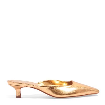 Mule Metalizada Dourado Salto Baixo Fino