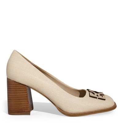 Scarpin Ráfia Bege Claro Salto Bloco