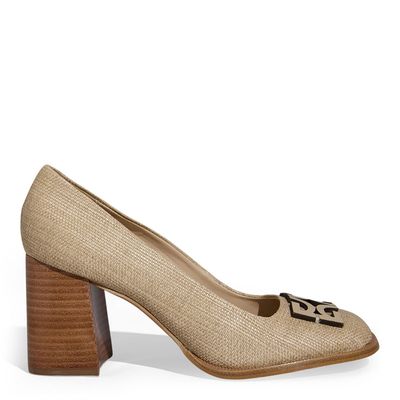 Scarpin Ráfia Bege Salto Bloco