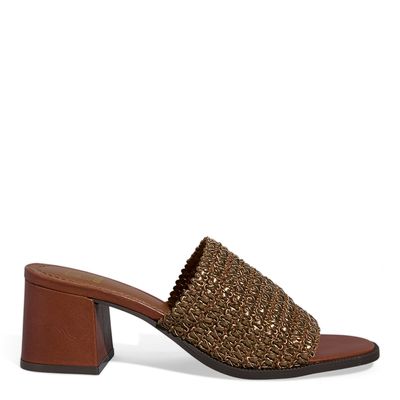 Tamanco Mule Tramado Bronze Salto Bloco