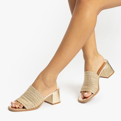 Mule Tramado Metalizado Dourado Salto Bloco