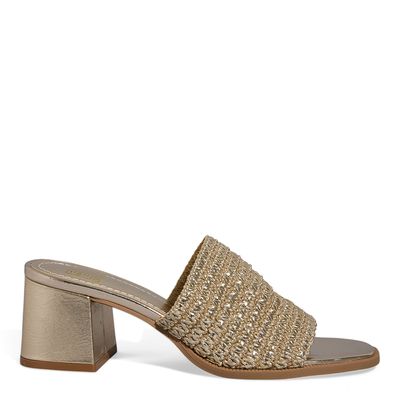 Mule Tramado Metalizado Dourado Salto Bloco