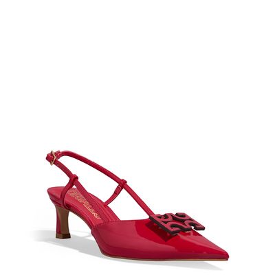 Scarpin Verniz Vermelho Bico Fino Monograma