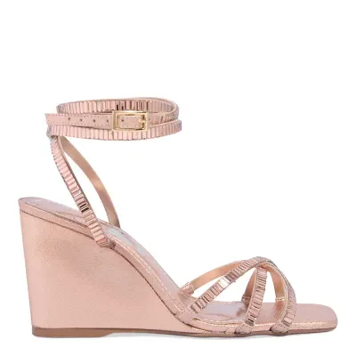 Sandália Anabela Amarração Rosê Metalizado