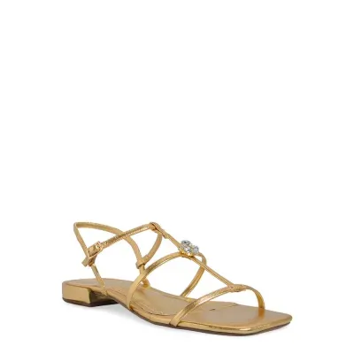 Sandália Rasteira Metalizada Dourada Pedraria