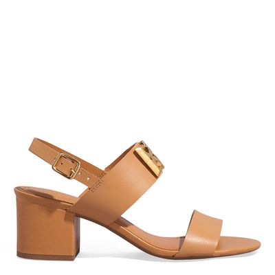 Sandália Couro Caramelo Salto Bloco Monograma
