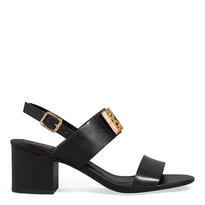 Sandália Couro Preta Salto Bloco Monograma