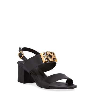 Sandália Couro Preta Salto Bloco Monograma