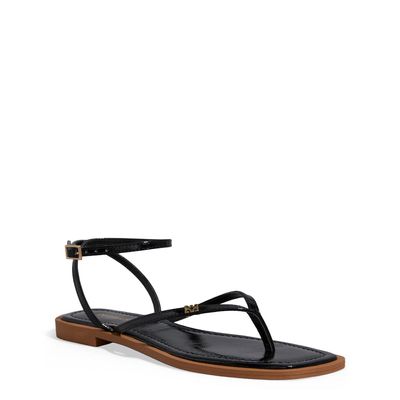 Rasteira Thong Verniz Preta Bico Quadrado