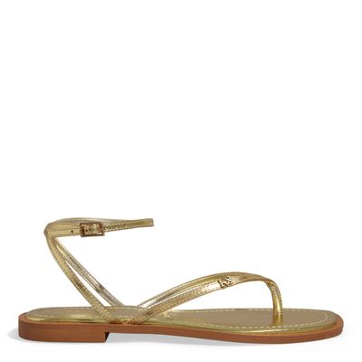 Rasteira Thong Metalizada Dourada Bico Quadrado