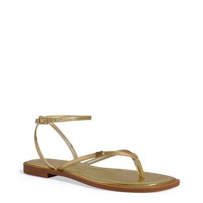 Rasteira Thong Metalizada Dourada Bico Quadrado