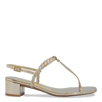 Sandália Trança Metalizada Salto Bloco Dourado