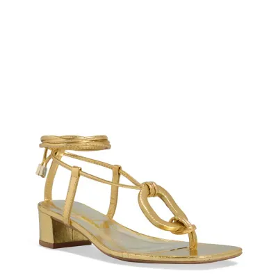 Sandália Amarração Metalizada Salto Bloco Dourado