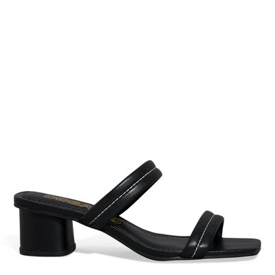 Mule Couro Salto Baixo Preto Pespontos