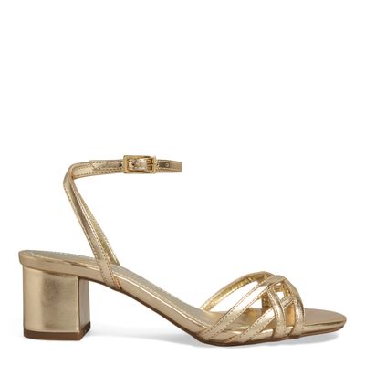 Sandália Metalizada Dourada Salto Grosso