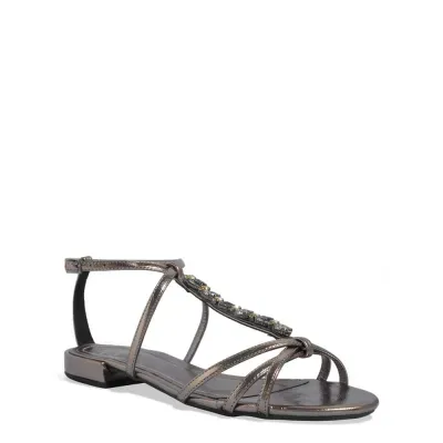 Rasteira Metalizada Cinza Grafite Tiras Pedrarias