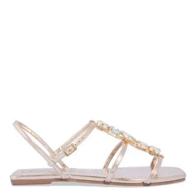 Rasteira Metalizada Dourada Bico Quadrado Pedrarias